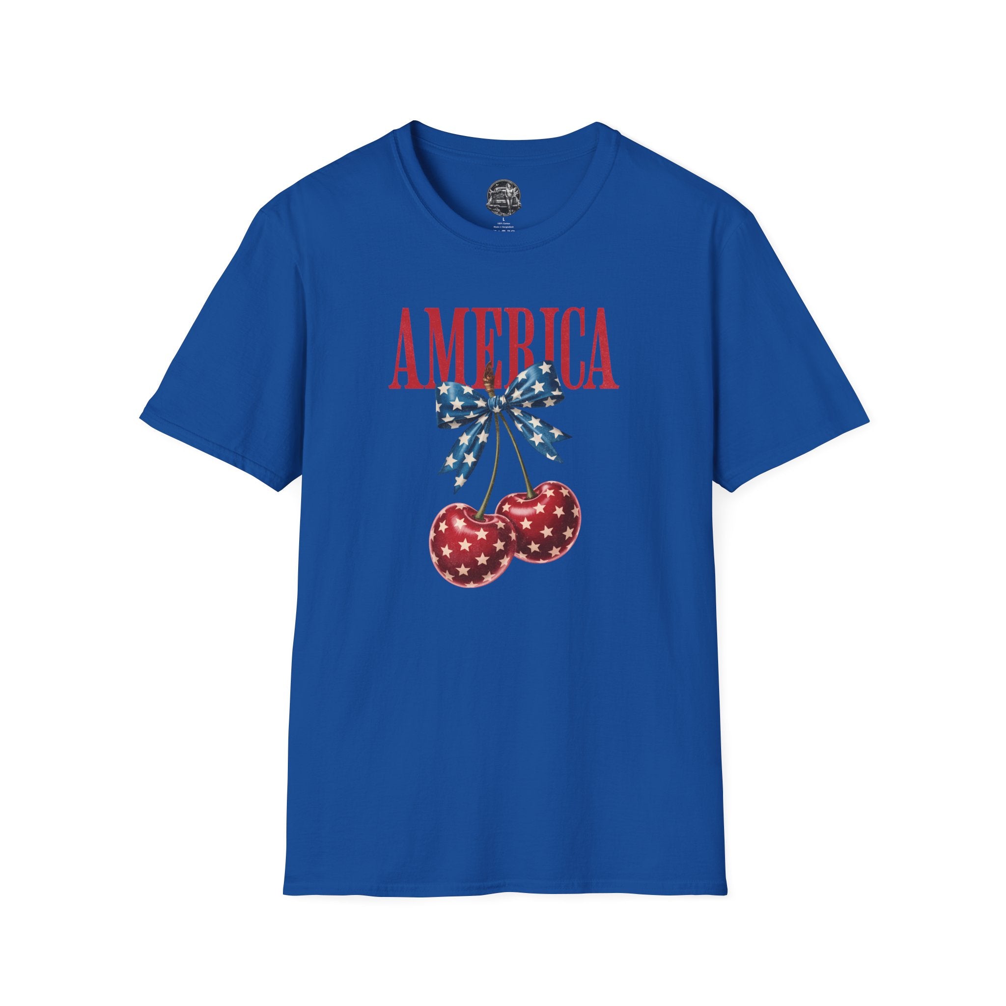 Patriotic Cherry T-Shirt — Glossy Stars & Vintage “AMERICA” Design