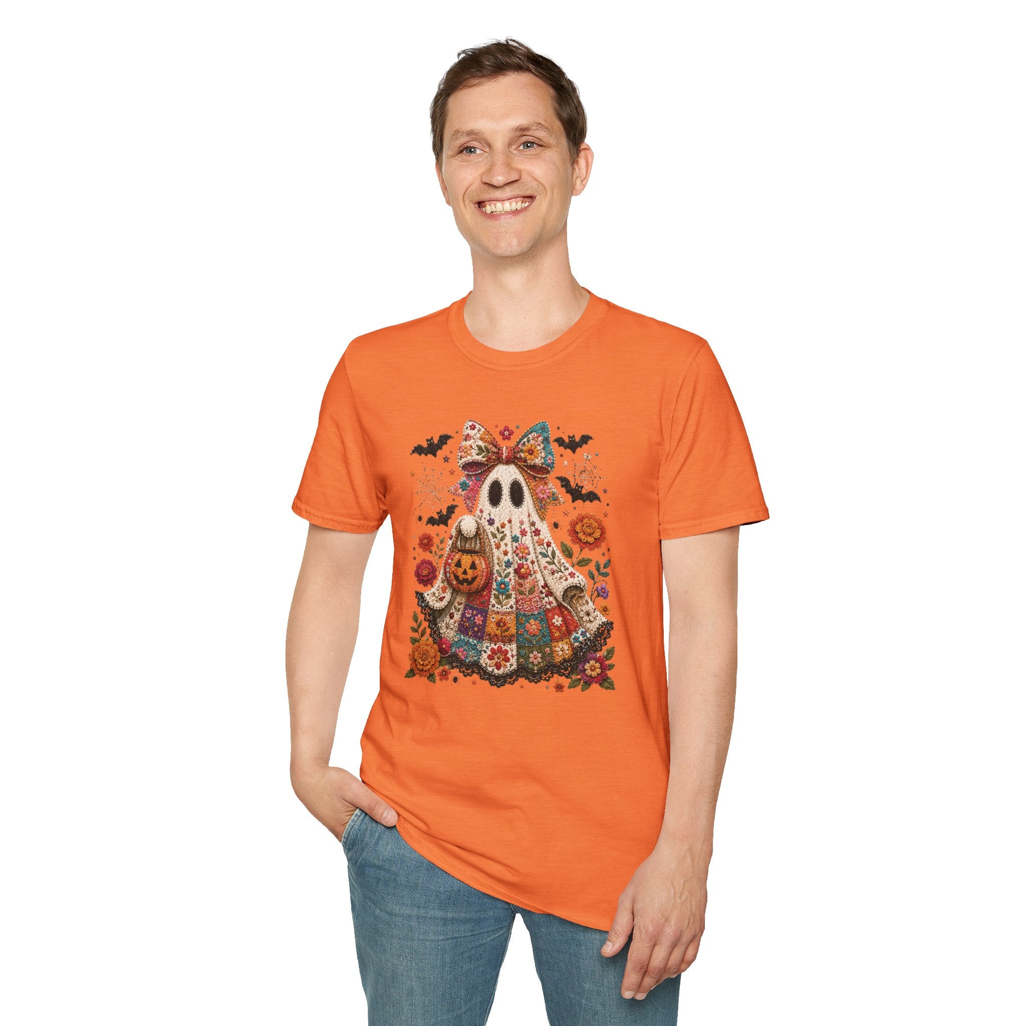 Patchwork Floral Ghost Halloween Shirt | Quilted Boho Ghost with Pumpkin and Bats