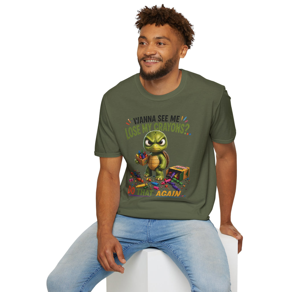Funny Angry Turtle T-Shirt — “Wanna See Me Lose My Crayons? Do That Again…” — Teacher & Art Lover Tee