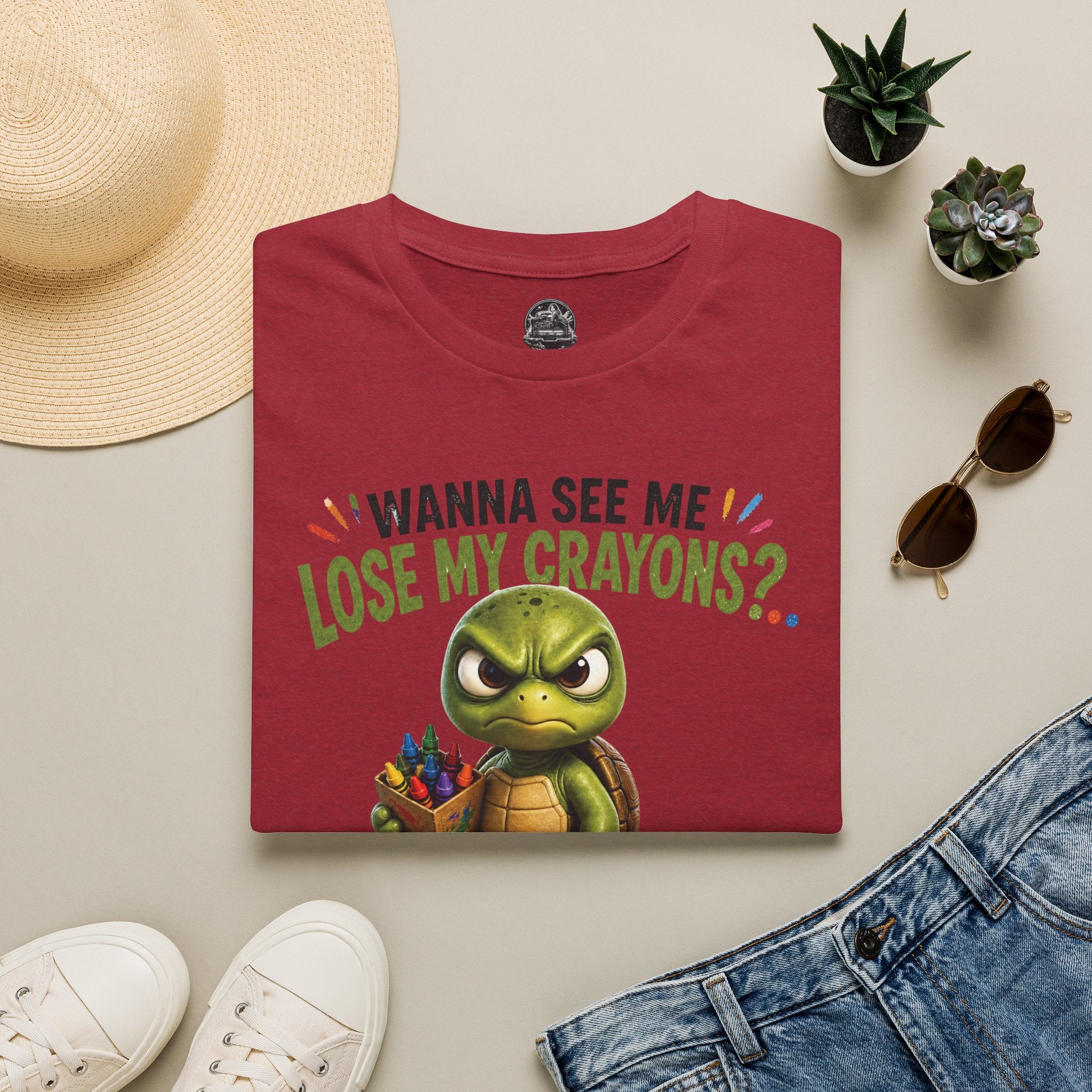 Funny Angry Turtle T-Shirt — “Wanna See Me Lose My Crayons? Do That Again…” — Teacher & Art Lover Tee