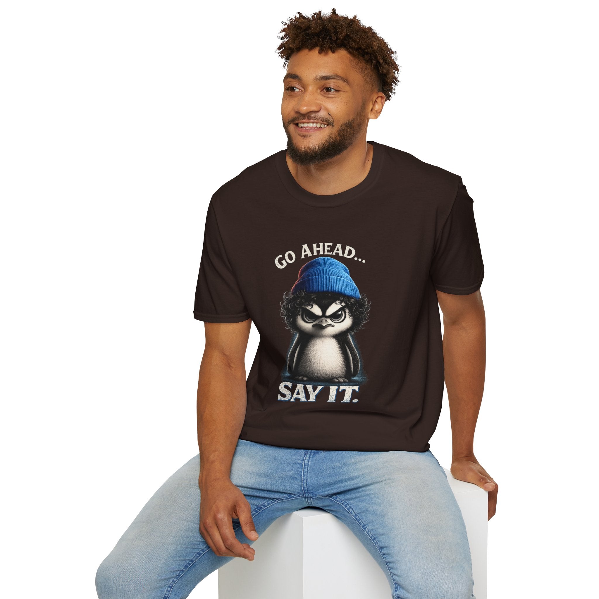 Penguin Graphic T-Shirt — "Go Ahead... Say It." Casual Statement Tee