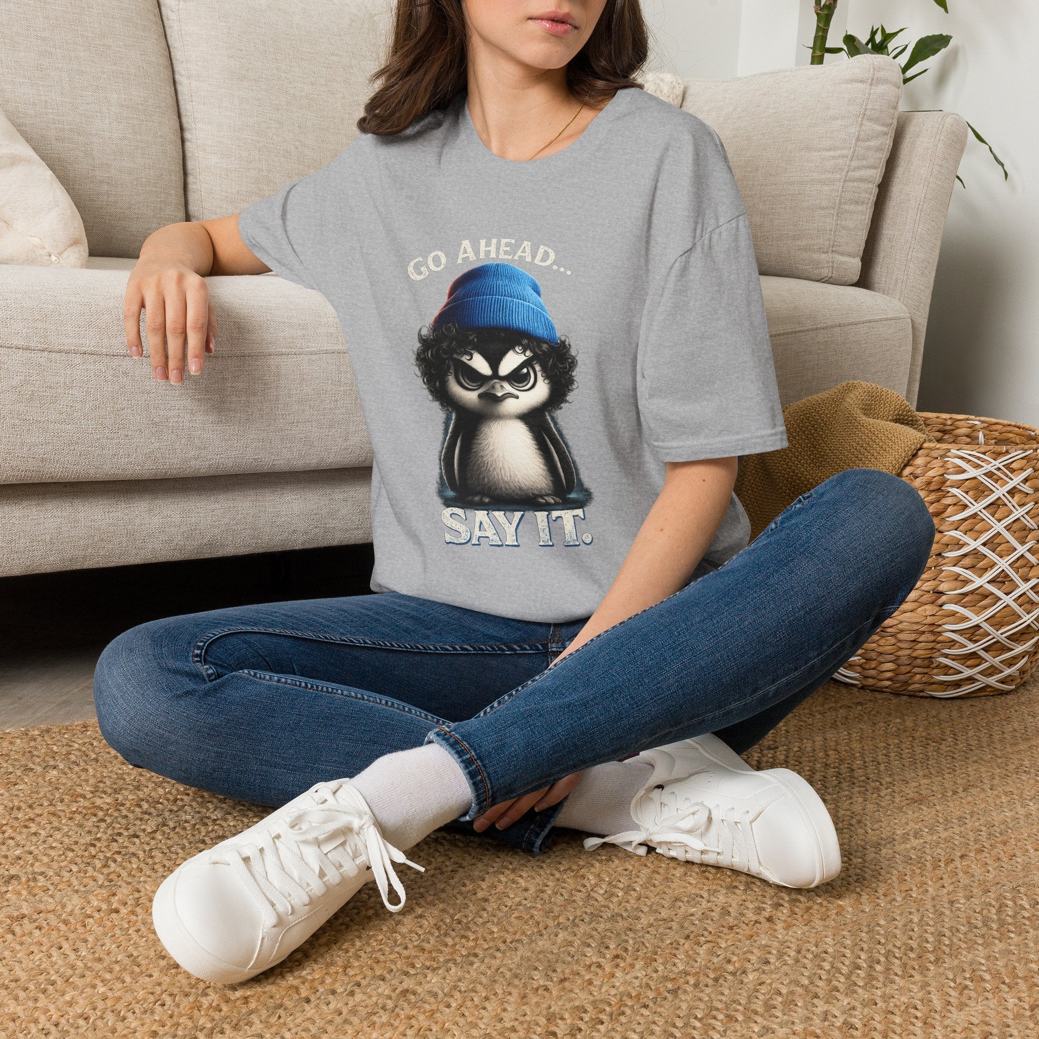 Penguin Graphic T-Shirt — "Go Ahead... Say It." Casual Statement Tee