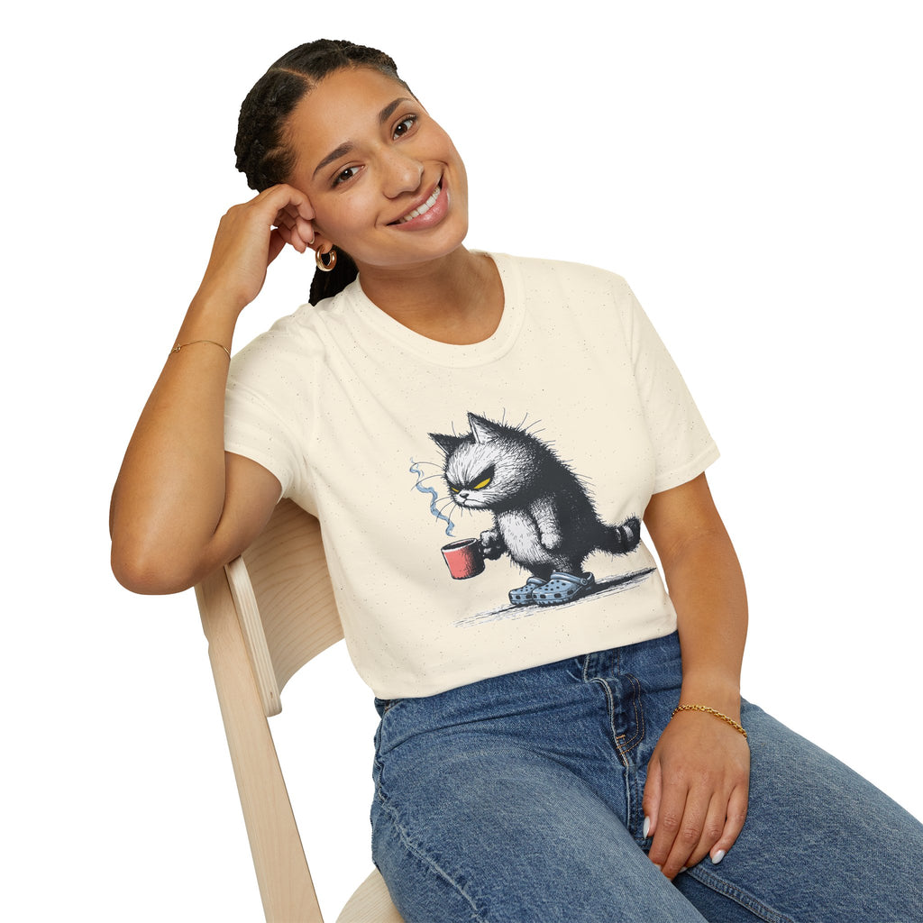 Cat Coffee T-Shirt — Grumpy Cat Holding Mug Illustration