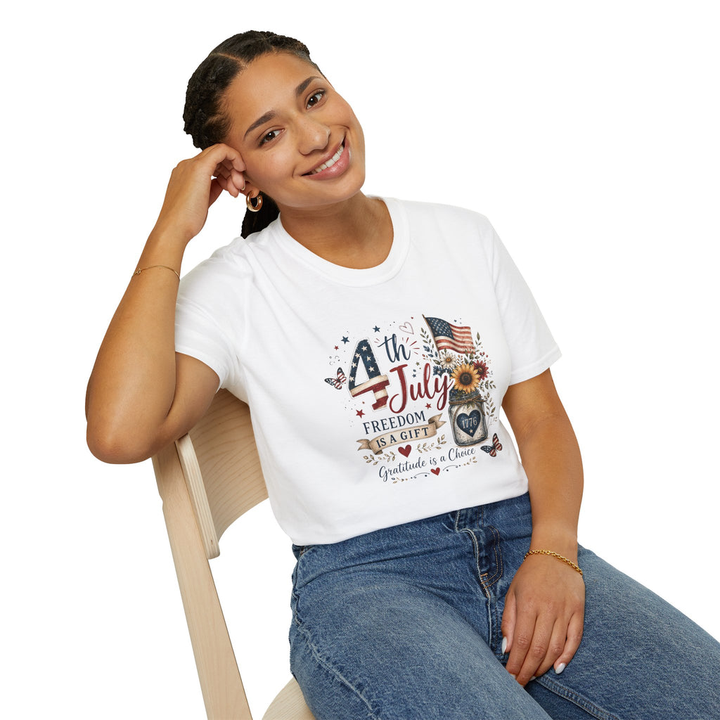4th of July T-Shirt — "Freedom Is A Gift" Patriotic American Flag & Sunflower Tee