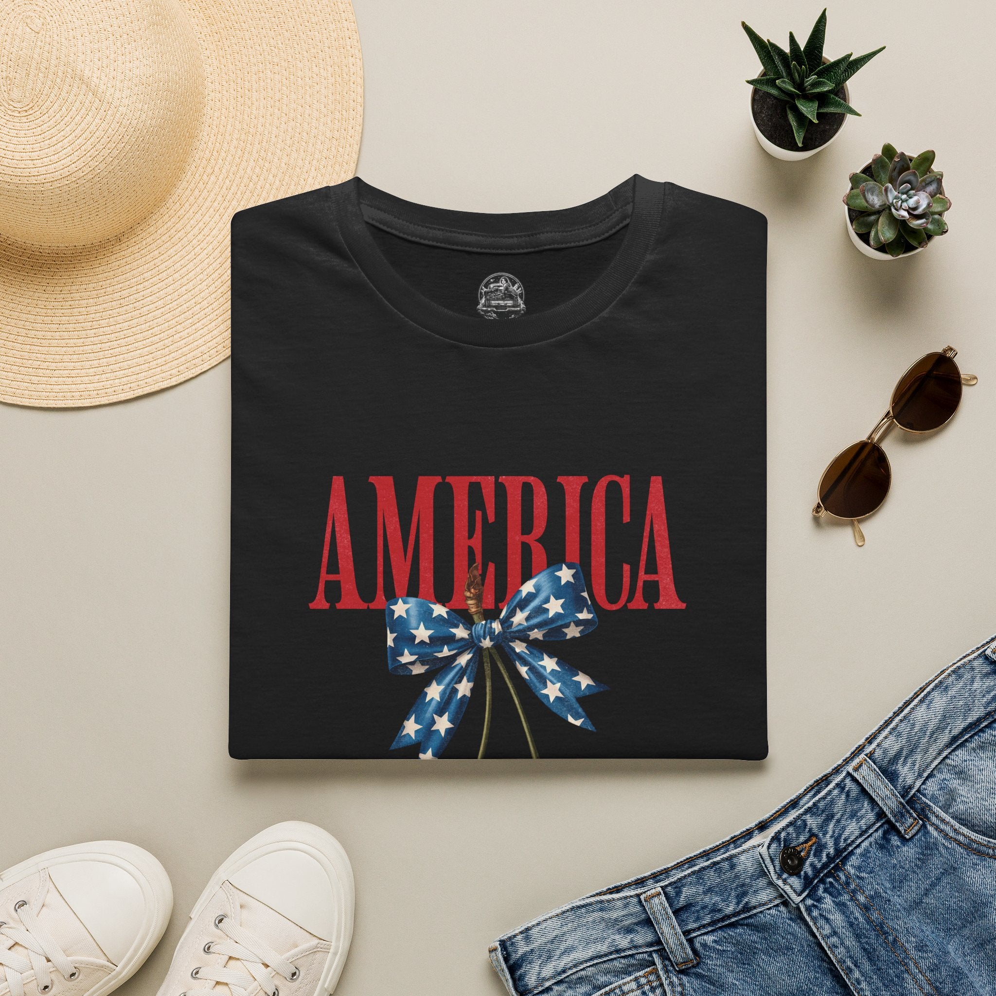 America Cherry Graphic T‑Shirt — Patriotic Stars & Stripes Bow Tee