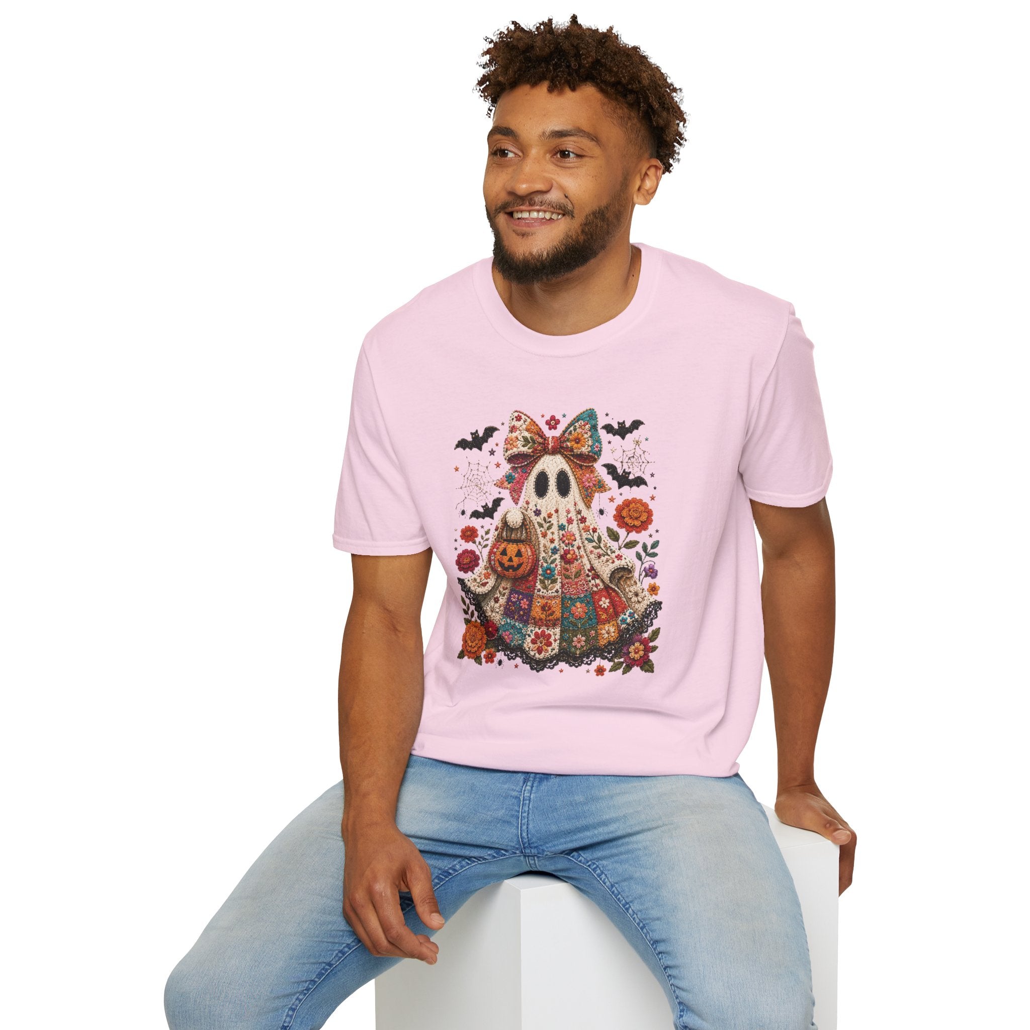 Patchwork Floral Ghost Halloween Shirt | Quilted Boho Ghost with Pumpkin and Bats