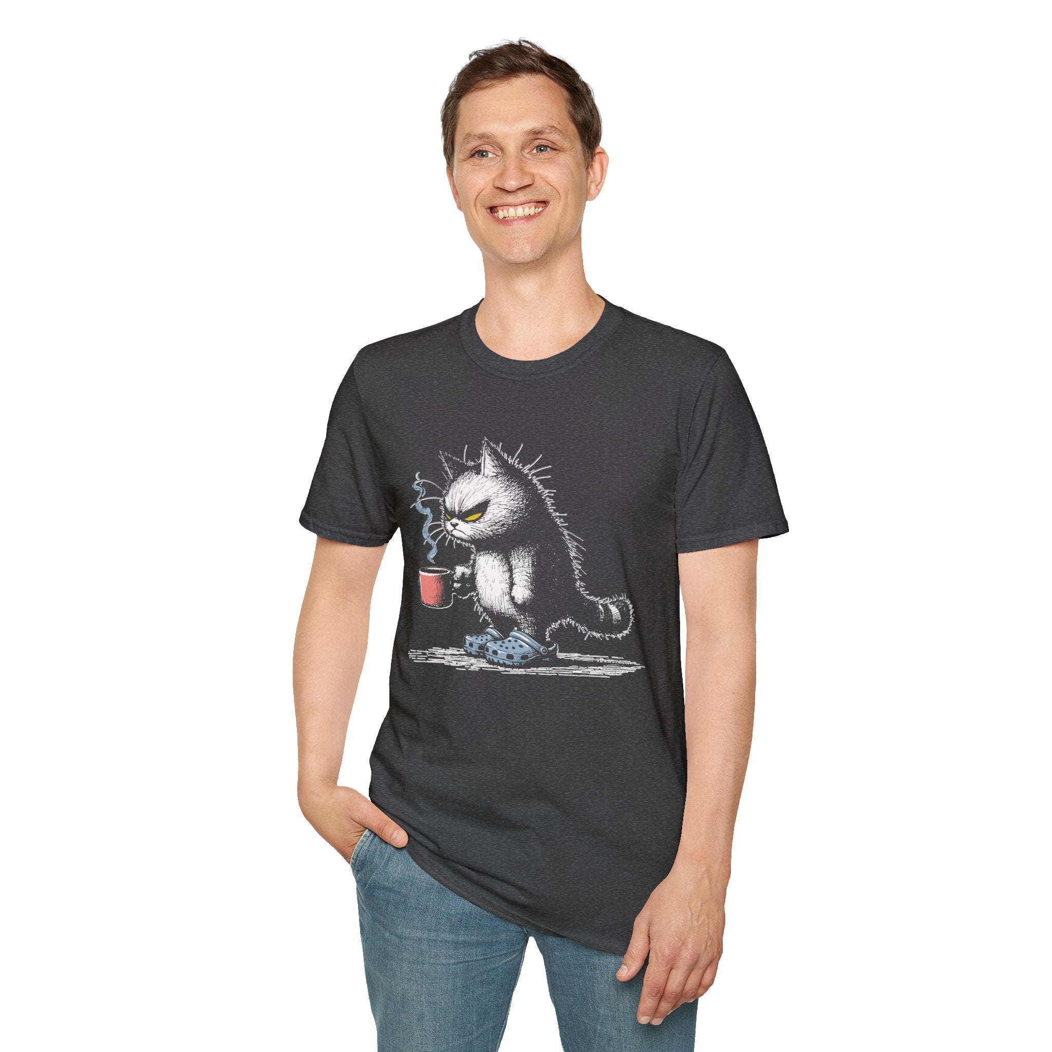 Grumpy Cat with Coffee T-Shirt — Moody Morning Cat Graphic Tee