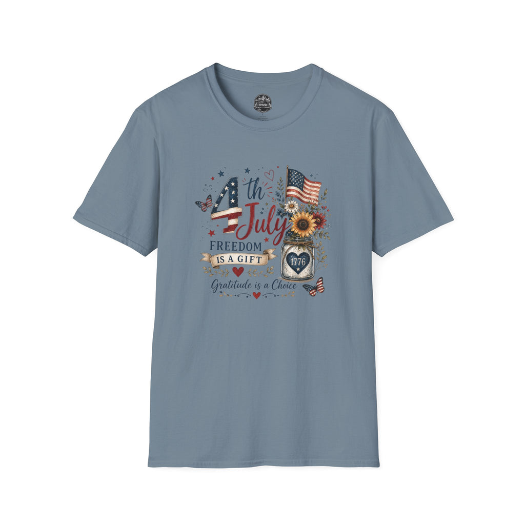 4th of July T-Shirt — "Freedom Is A Gift" Patriotic American Flag & Sunflower Tee