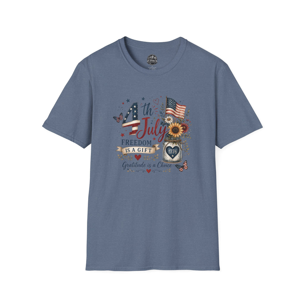 4th of July T-Shirt — "Freedom Is A Gift" Patriotic American Flag & Sunflower Tee