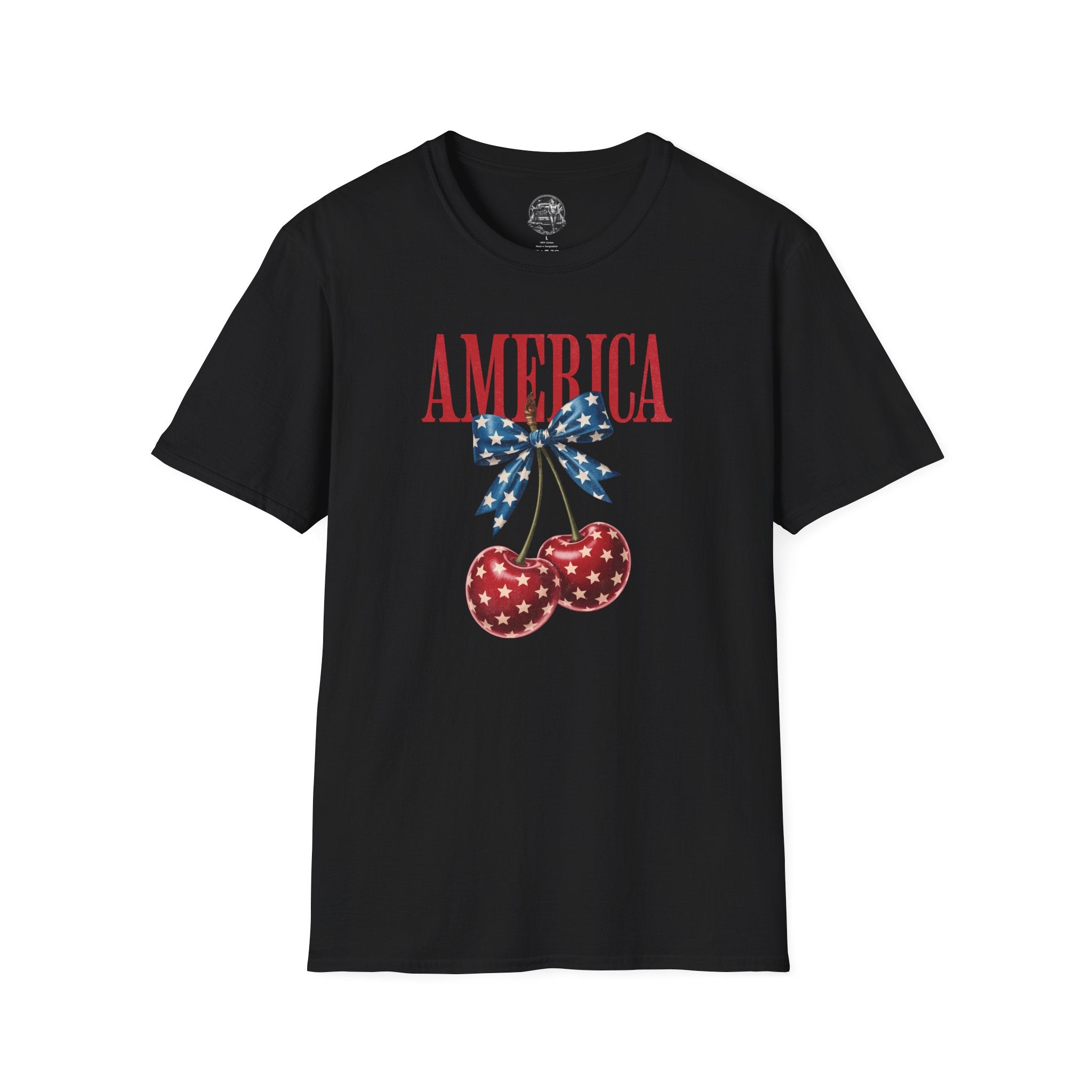 Patriotic Cherry T-Shirt — Glossy Stars & Vintage “AMERICA” Design