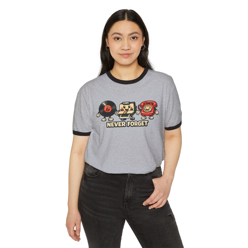 Retro Tech Ringer Tee — "Never Forget" Vinyl, Floppy Disk & Rotary Phone Graphic