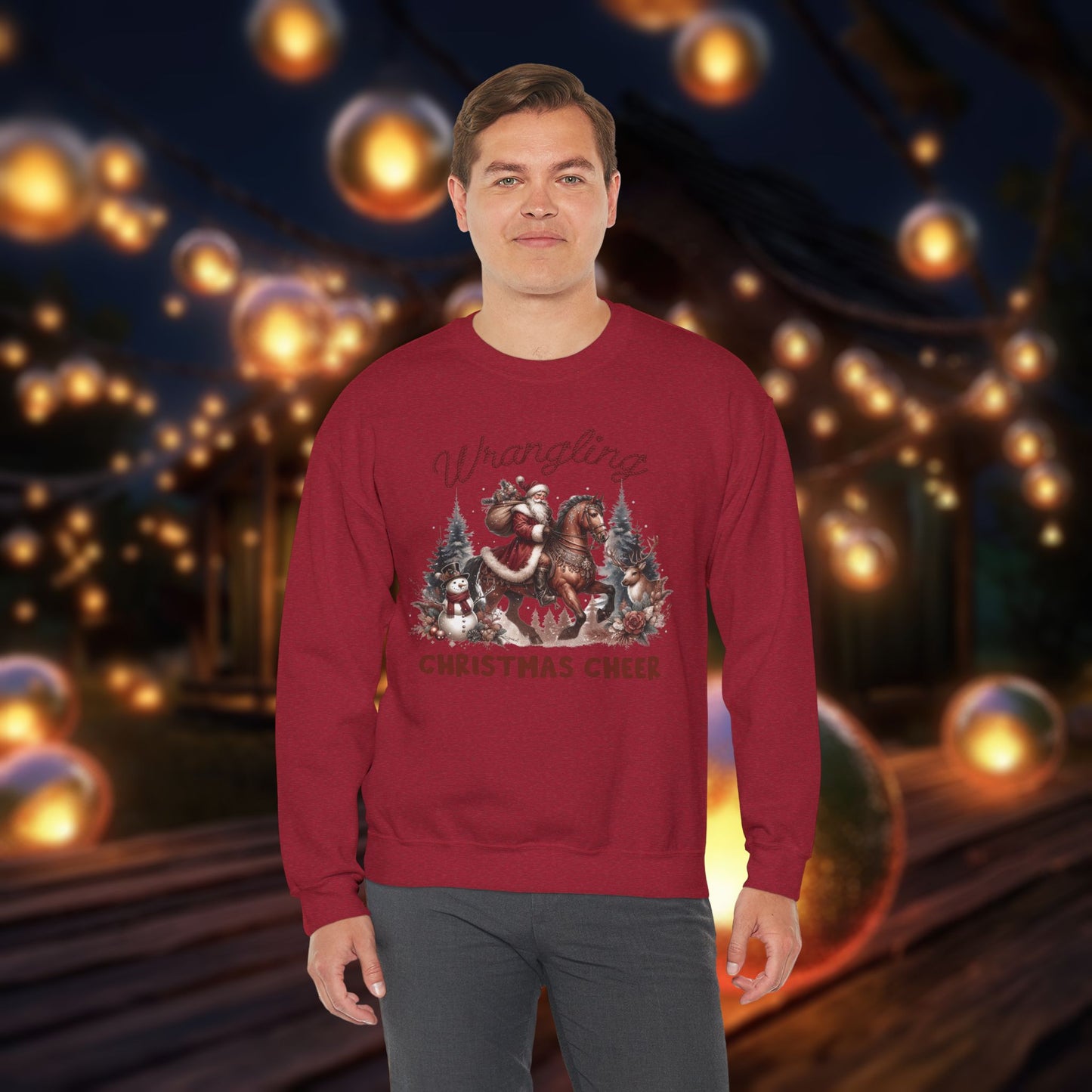 Christmas Western Sweatshirt with Santa on Horse and Snowman