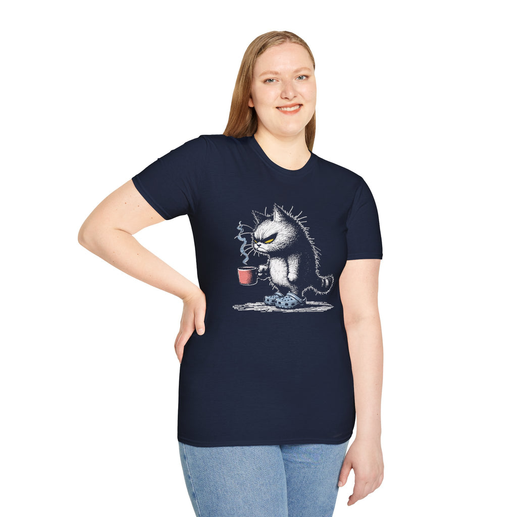 Grumpy Cat with Coffee T-Shirt — Moody Morning Cat Graphic Tee