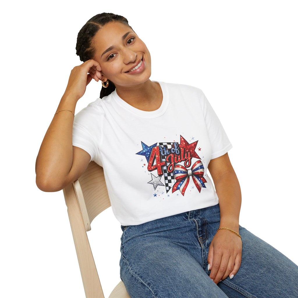 4th of July Patriotic T-Shirt – Red White Blue Stars & Bow Design
