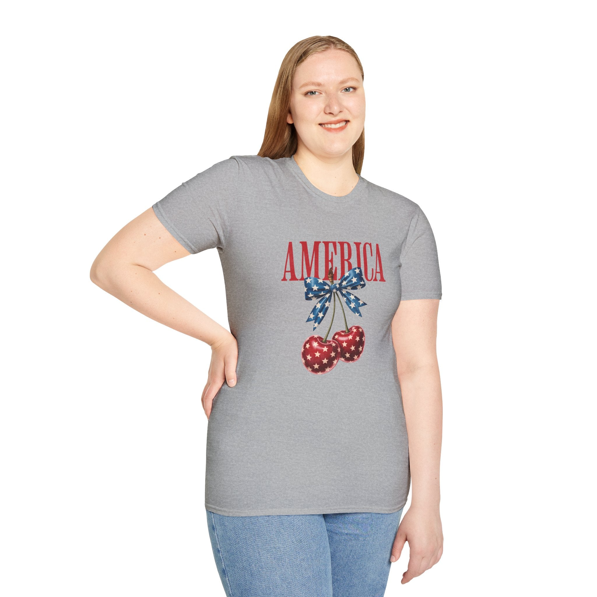America Cherry Graphic T‑Shirt — Patriotic Stars & Stripes Bow Tee