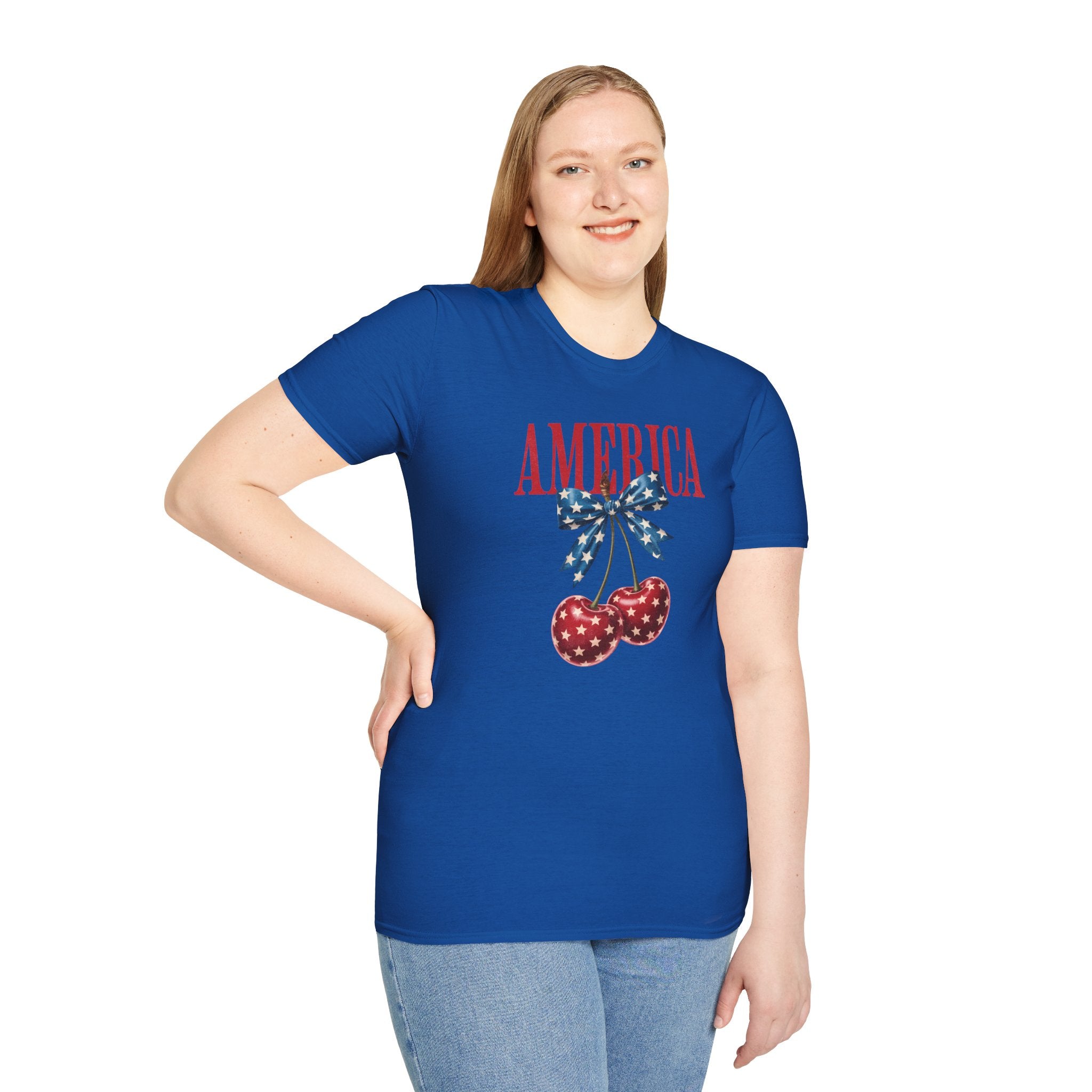 Patriotic Cherry T-Shirt — Glossy Stars & Vintage “AMERICA” Design