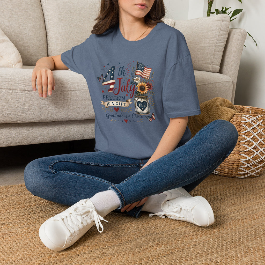4th of July T-Shirt — "Freedom Is A Gift" Patriotic American Flag & Sunflower Tee
