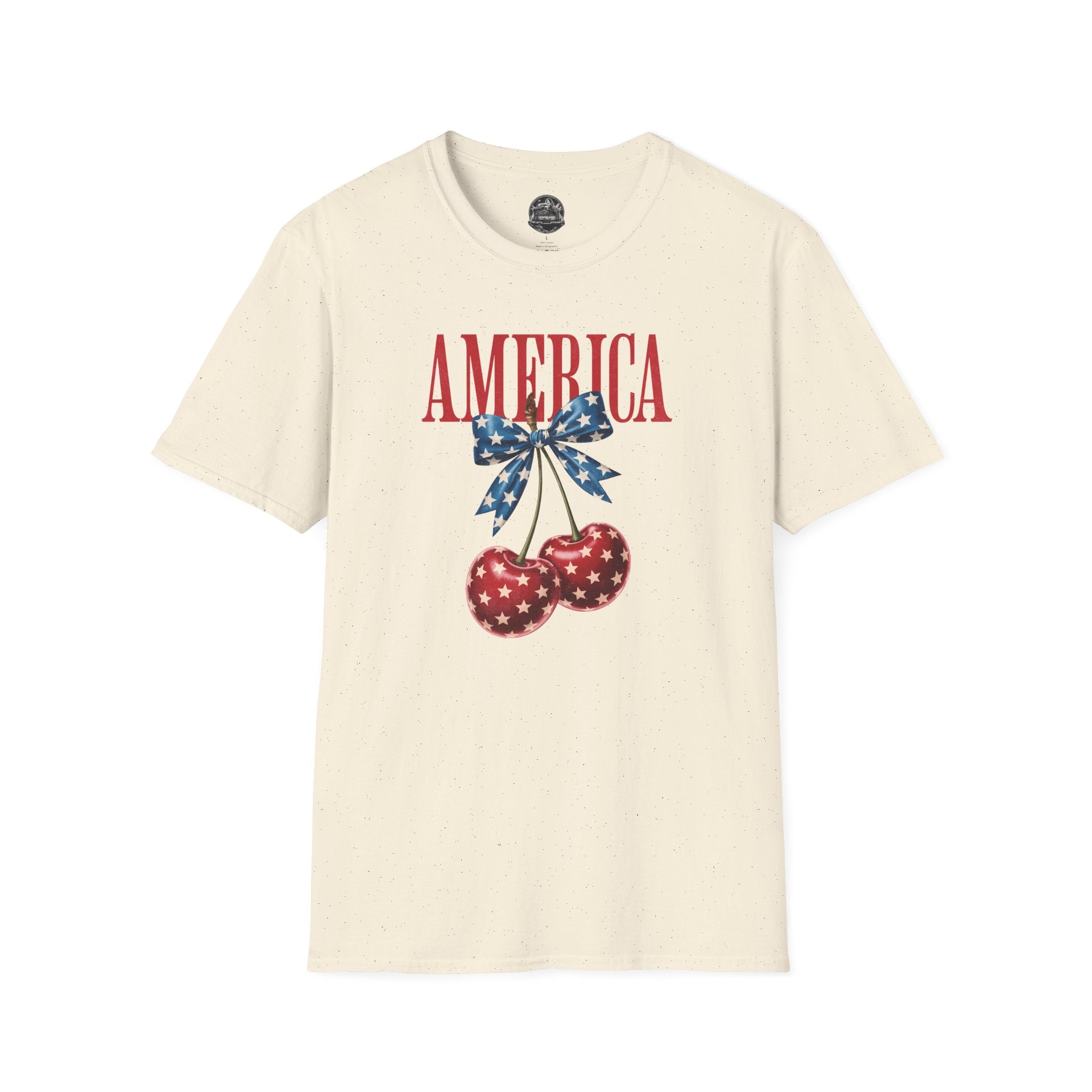 Patriotic Cherry T-Shirt — Glossy Stars & Vintage “AMERICA” Design