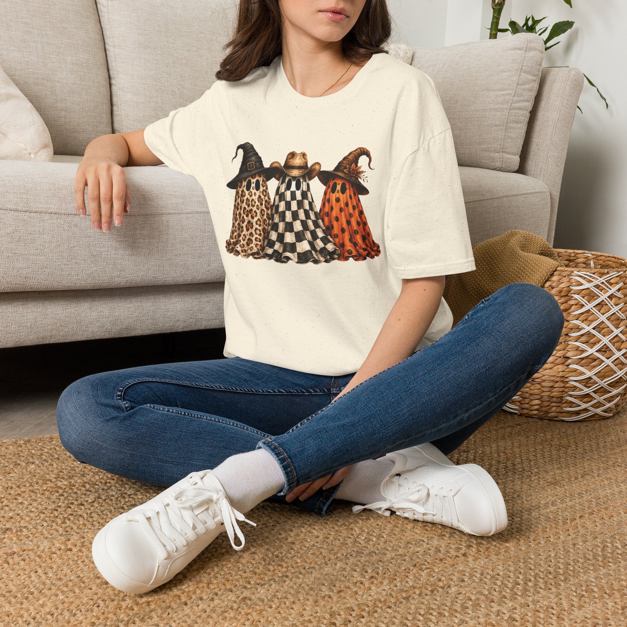 Halloween Ghost Trio T-Shirt — Leopard, Checker & Pumpkin Hat Design