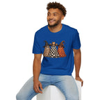 Halloween Ghost Trio T-Shirt — Leopard, Checker & Pumpkin Hat Design