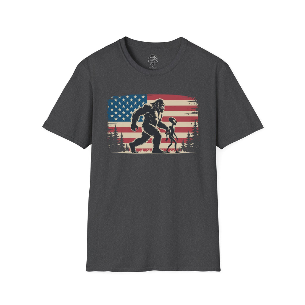 Bigfoot & Alien Patriotic T-Shirt — Distressed Flag Cryptid Design