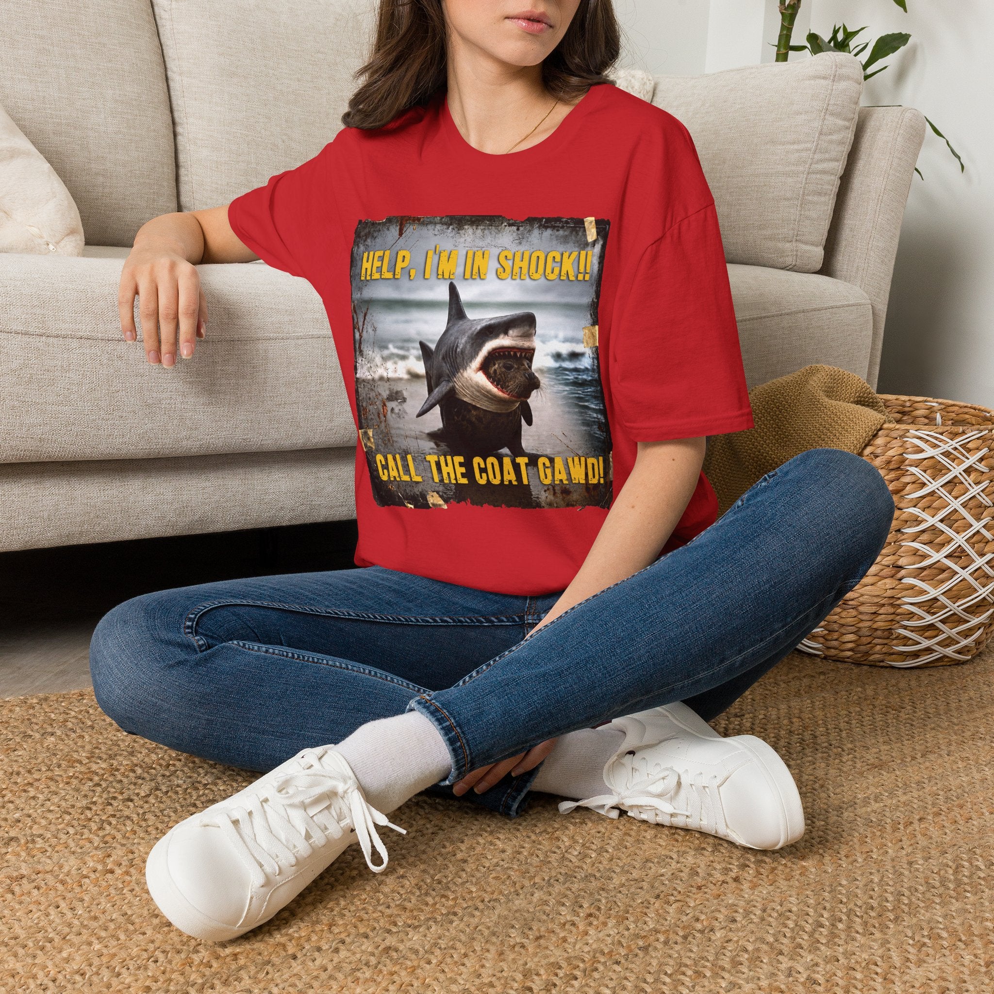 Shark Graphic T-Shirt — "Help, I'm in Shock!" Funny Beachwear