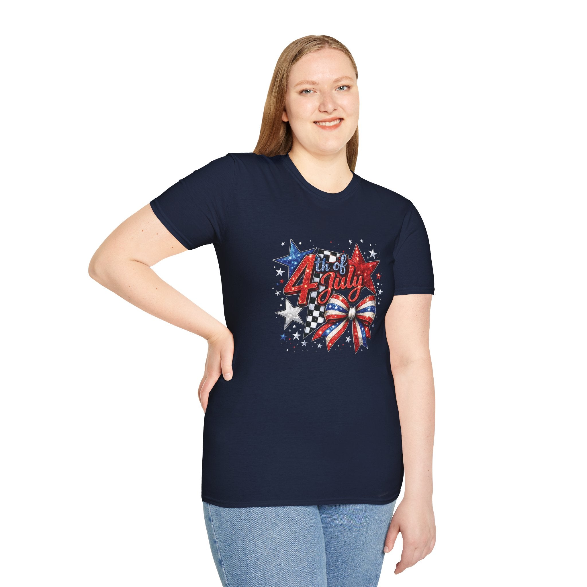 4th of July Patriotic T-Shirt – Red White Blue Stars & Bow Design