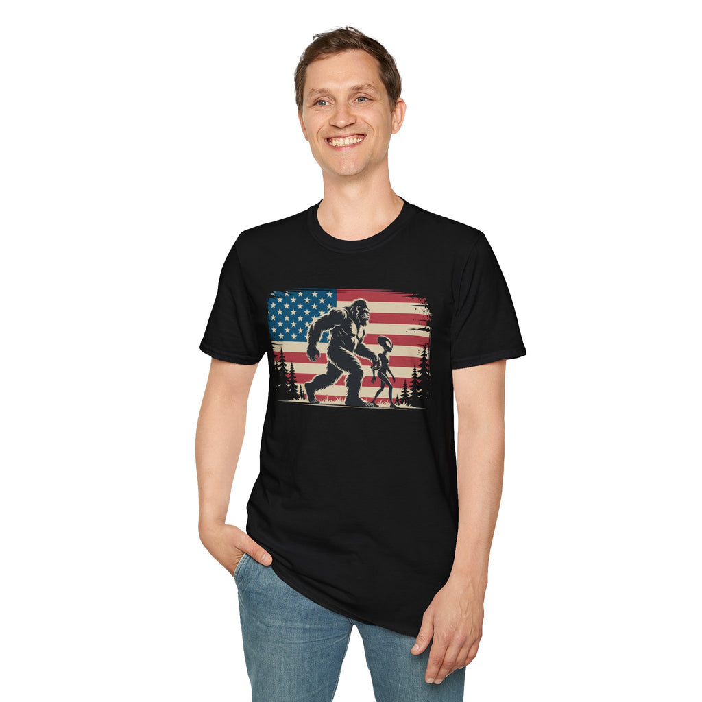 Bigfoot & Alien Patriotic T-Shirt — Distressed Flag Cryptid Design