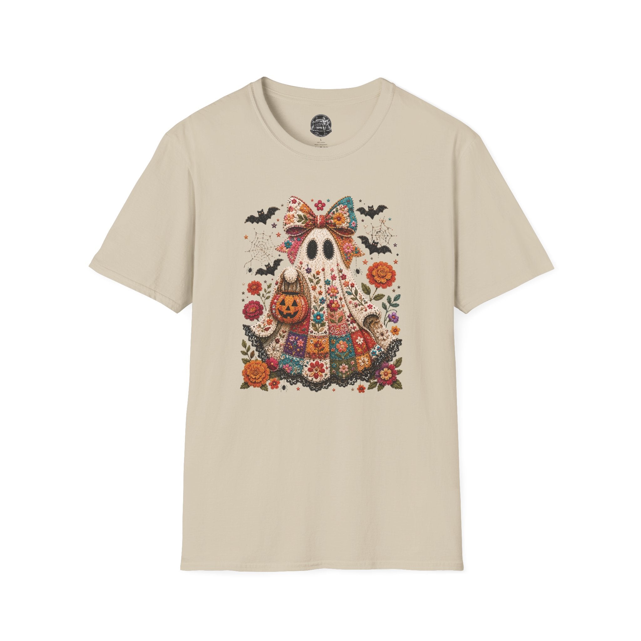 Patchwork Floral Ghost Halloween Shirt | Quilted Boho Ghost with Pumpkin and Bats