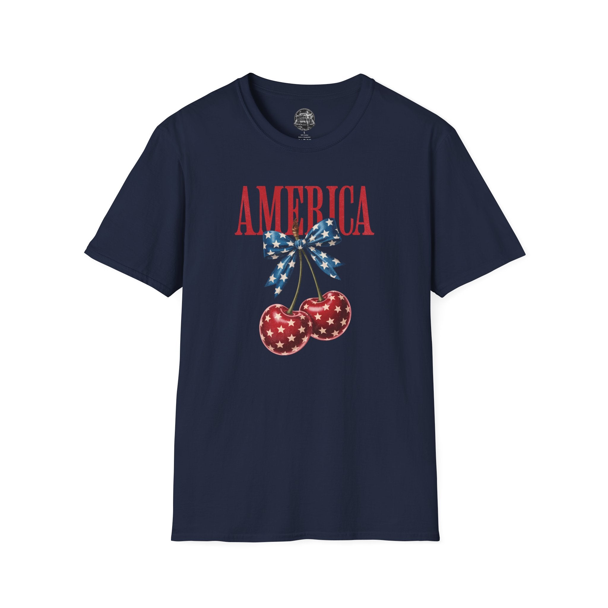 Patriotic Cherry T-Shirt — Glossy Stars & Vintage “AMERICA” Design