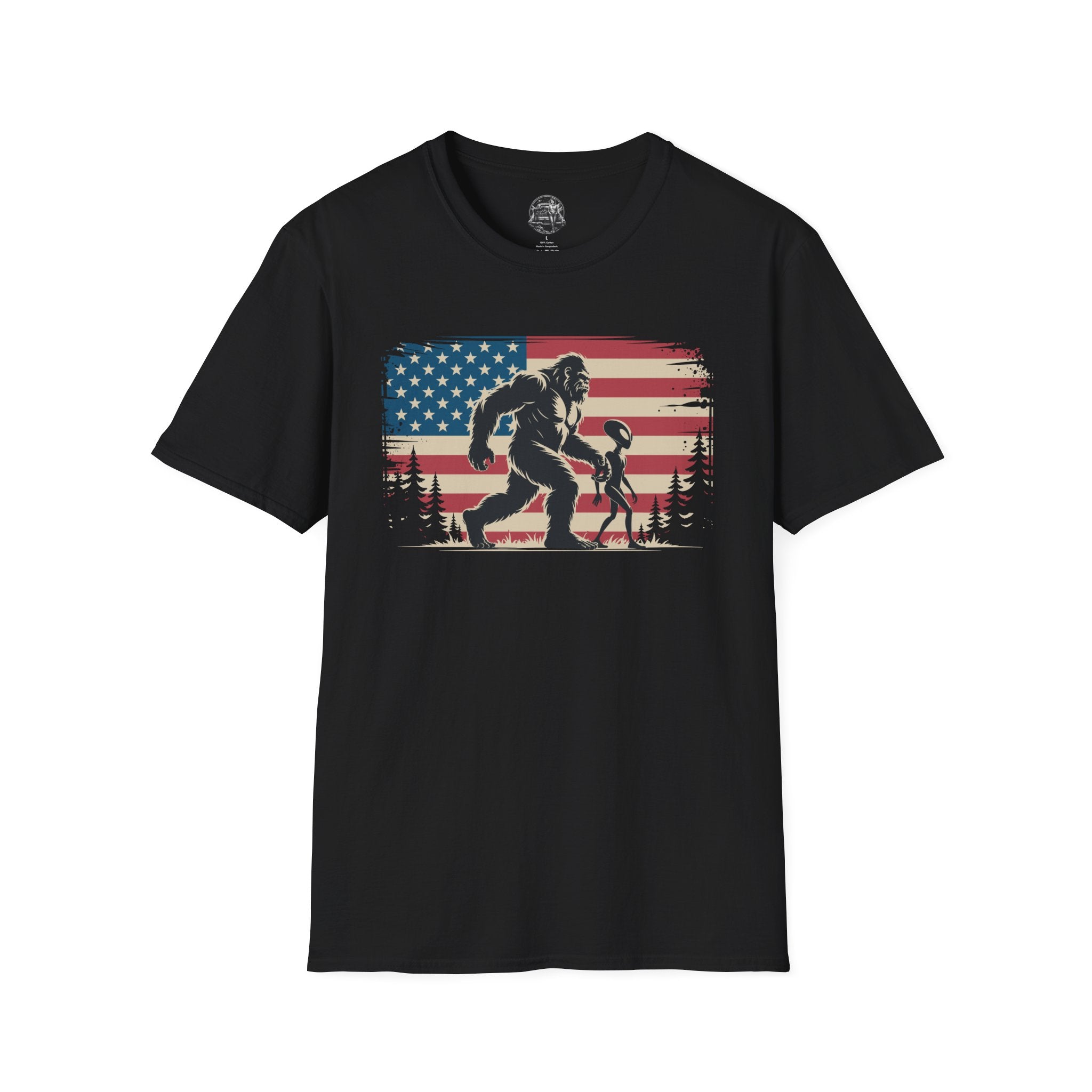 Bigfoot & Alien Patriotic T-Shirt — Distressed Flag Cryptid Design