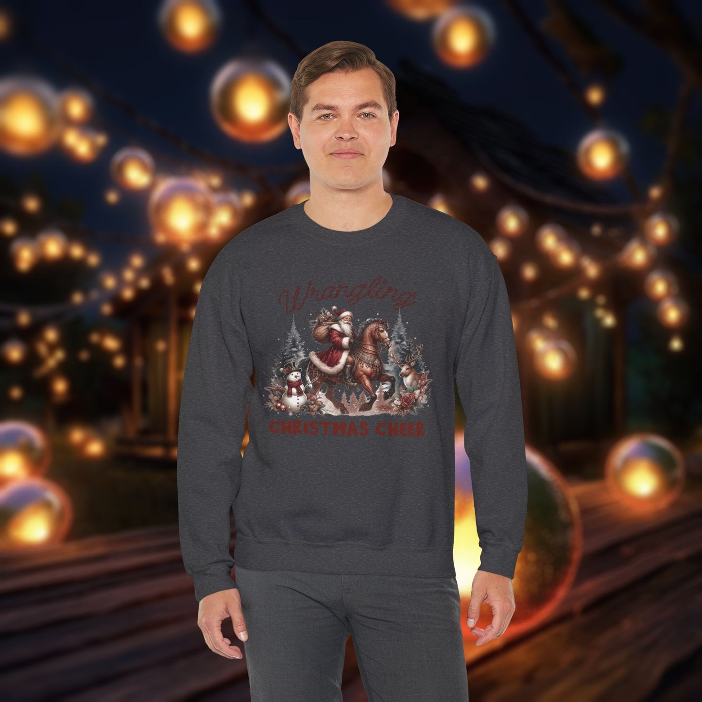 Christmas Western Sweatshirt with Santa on Horse and Snowman