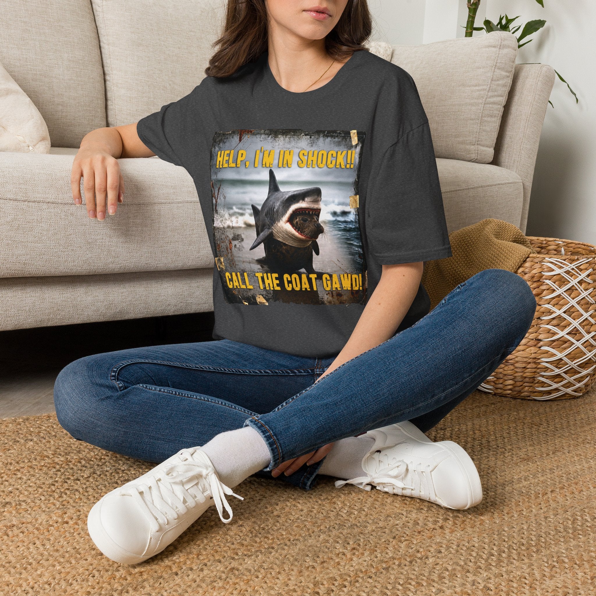 Shark Graphic T-Shirt — "Help, I'm in Shock!" Funny Beachwear