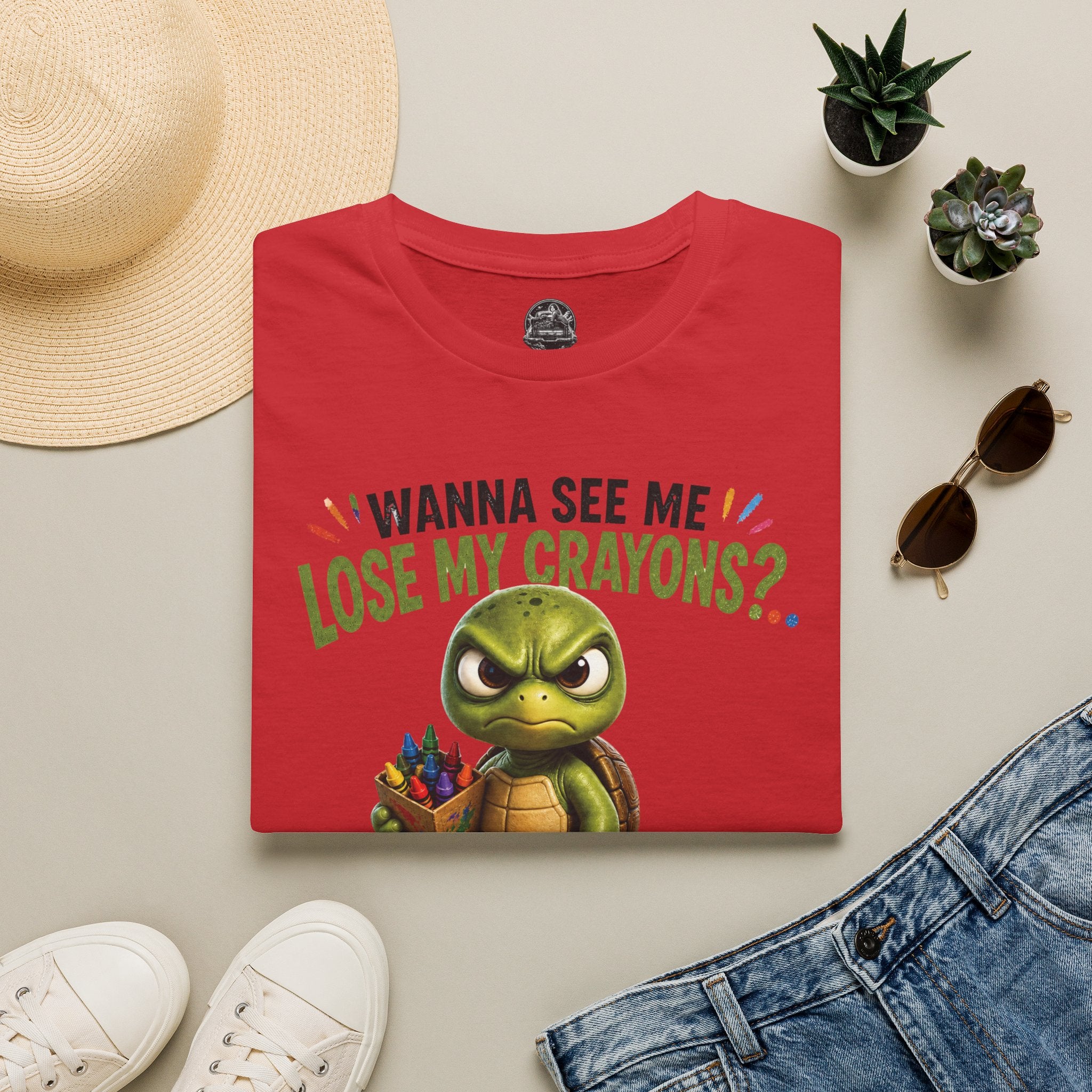 Funny Angry Turtle T-Shirt — “Wanna See Me Lose My Crayons? Do That Again…” — Teacher & Art Lover Tee