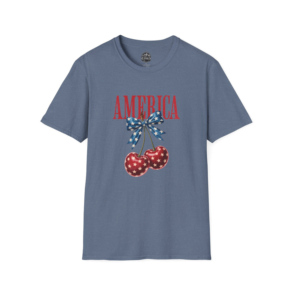 America Cherry Graphic T‑Shirt — Patriotic Stars & Stripes Bow Tee