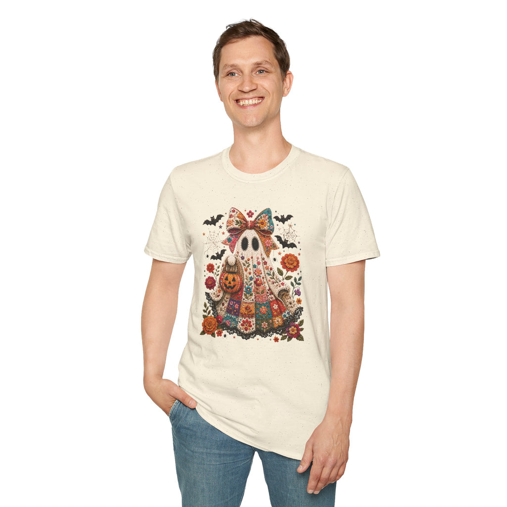 Patchwork Floral Ghost Halloween Shirt | Quilted Boho Ghost with Pumpkin and Bats