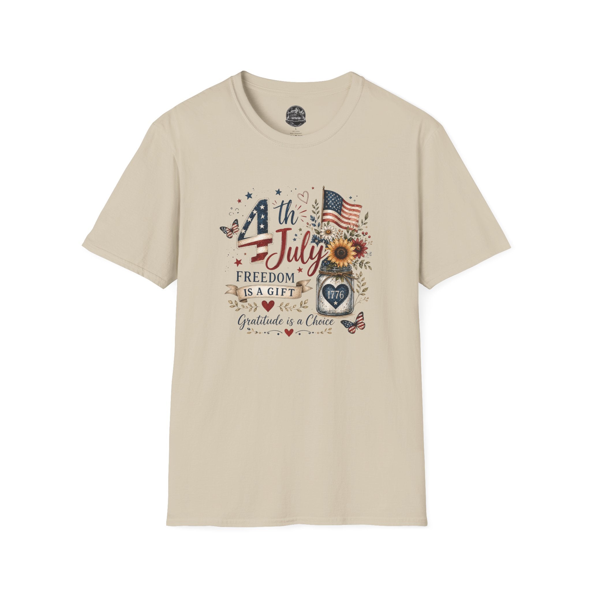 4th of July T-Shirt — "Freedom Is A Gift" Patriotic American Flag & Sunflower Tee