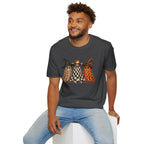 Halloween Ghost Trio T-Shirt — Leopard, Checker & Pumpkin Hat Design