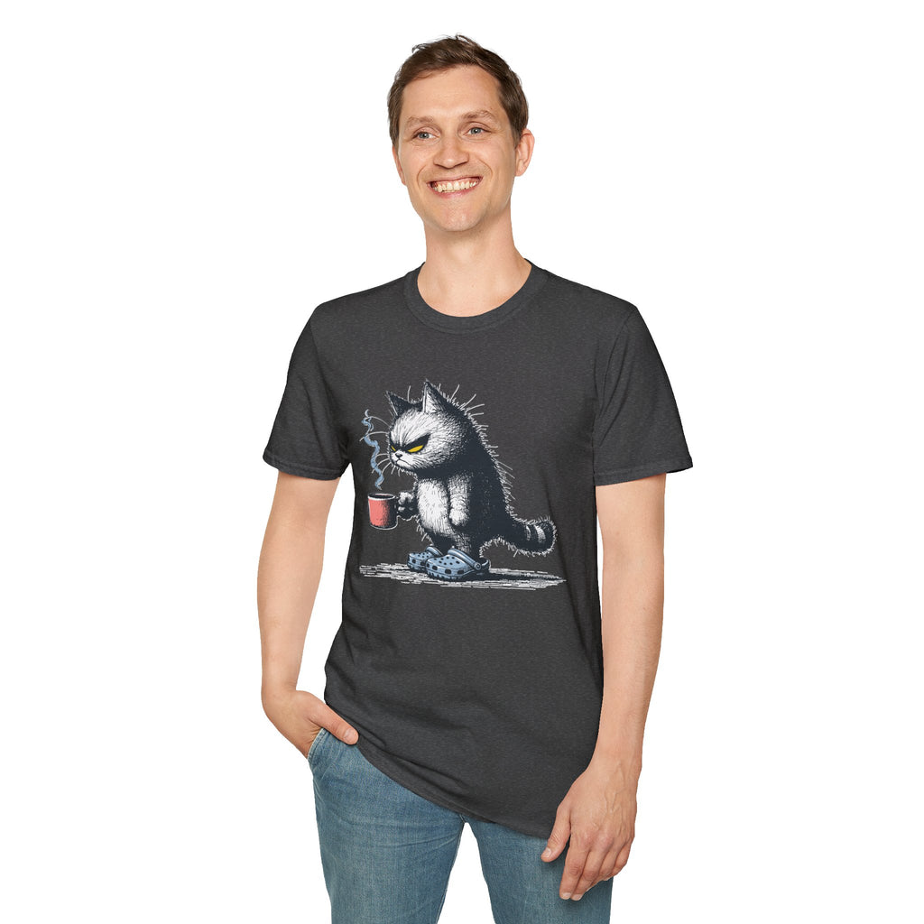 Cat Coffee T-Shirt — Grumpy Cat Holding Mug Illustration