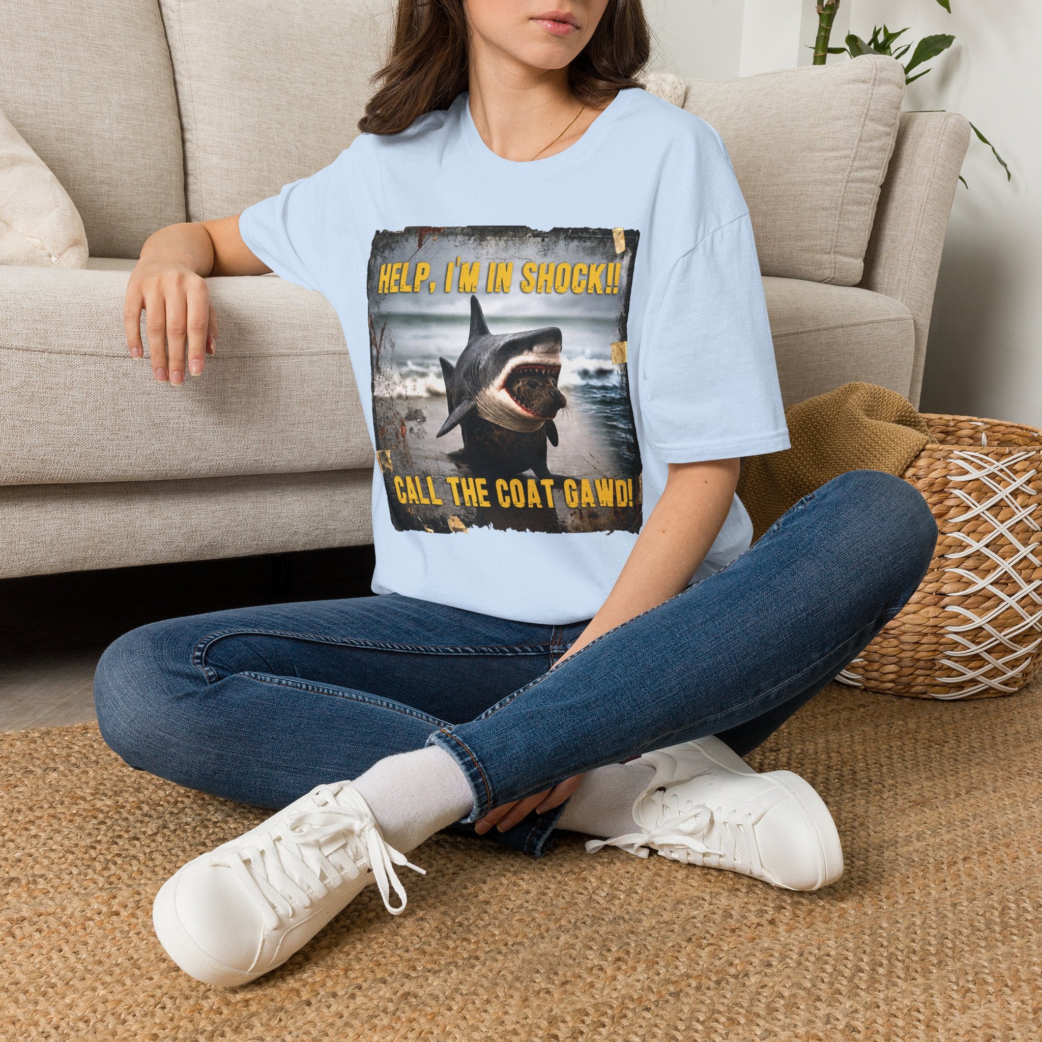 Shark Graphic T-Shirt — "Help, I'm in Shock!" Funny Beachwear