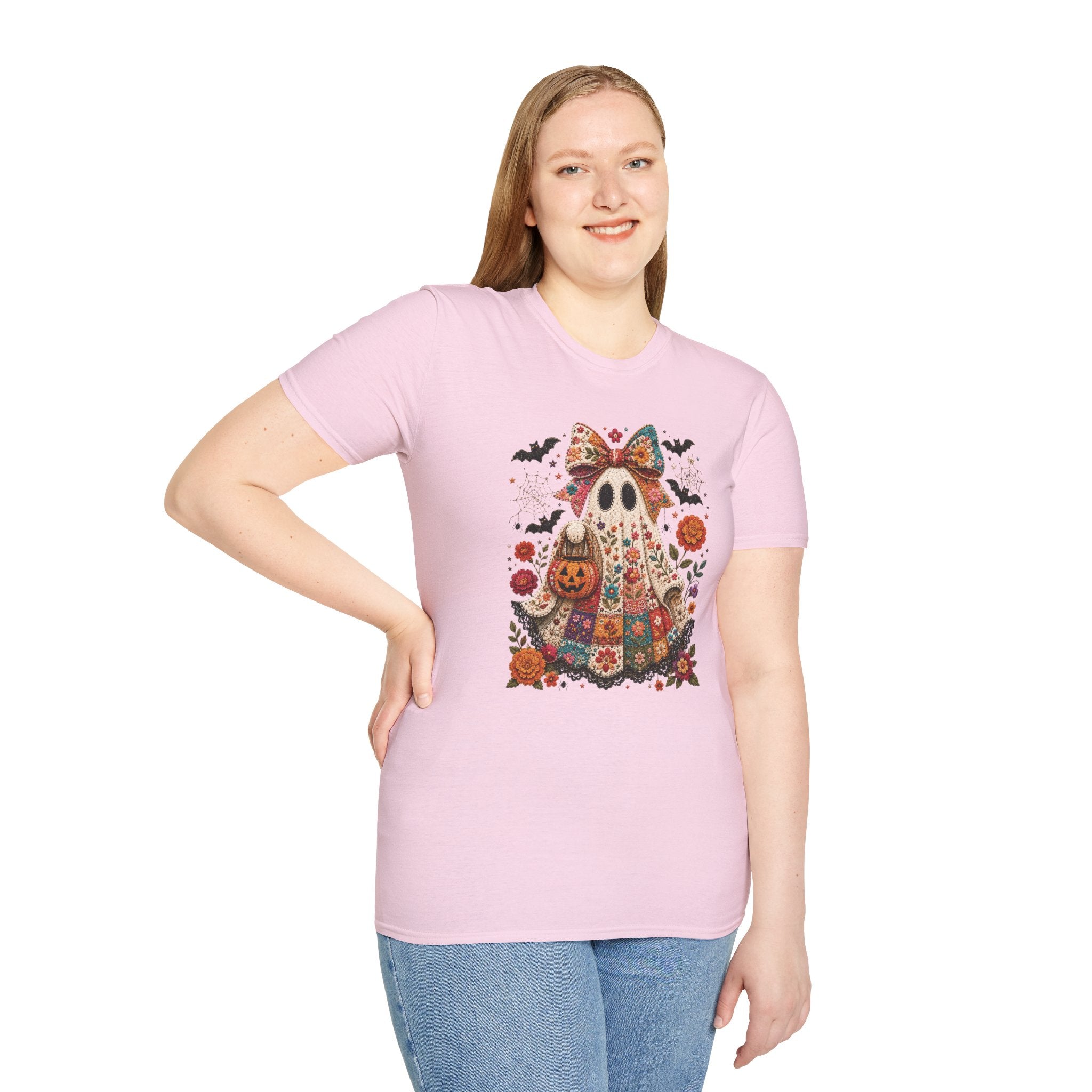 Patchwork Floral Ghost Halloween Shirt | Quilted Boho Ghost with Pumpkin and Bats