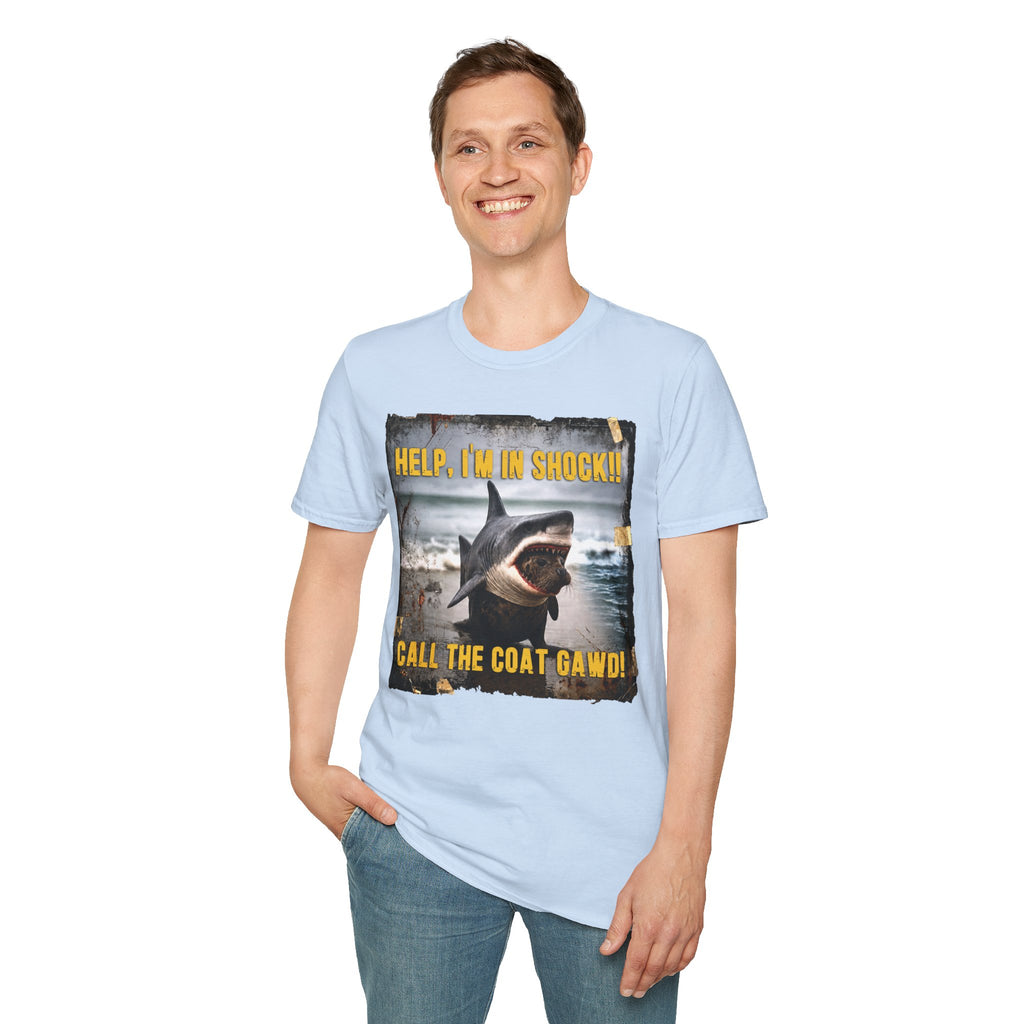 Shark Graphic T-Shirt — "Help, I'm in Shock!" Funny Beachwear