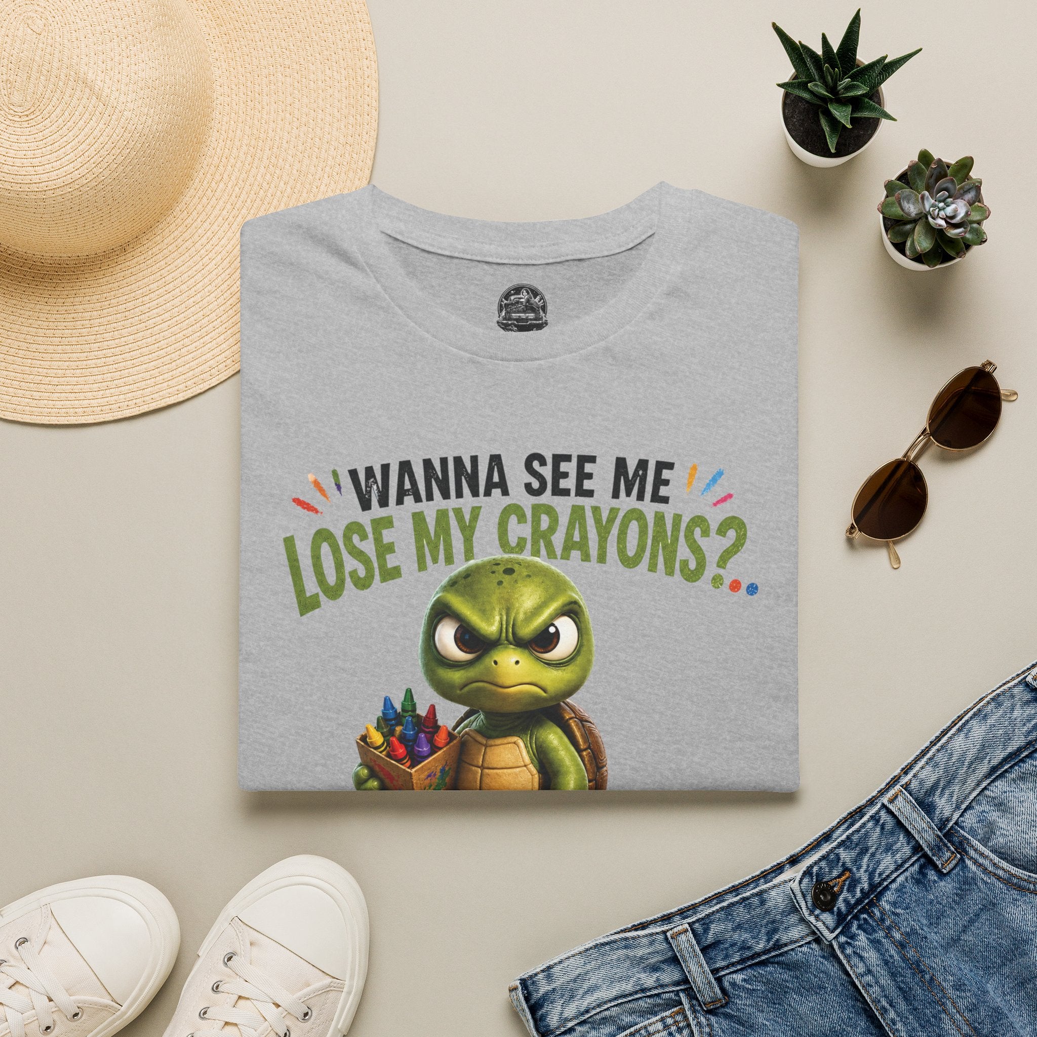 Funny Angry Turtle T-Shirt — “Wanna See Me Lose My Crayons? Do That Again…” — Teacher & Art Lover Tee