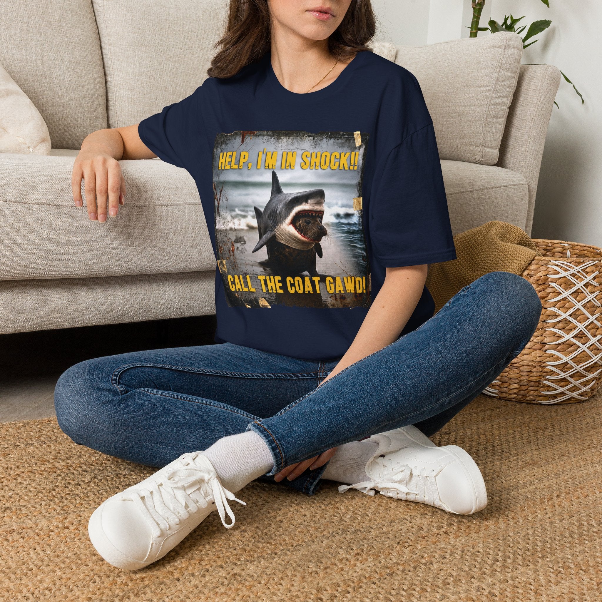 Shark Graphic T-Shirt — "Help, I'm in Shock!" Funny Beachwear