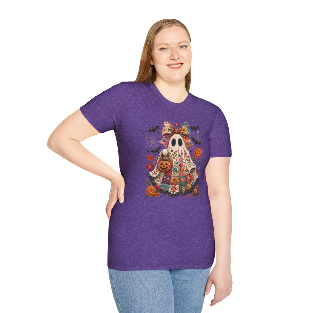 Patchwork Floral Ghost Halloween Shirt | Quilted Boho Ghost with Pumpkin and Bats