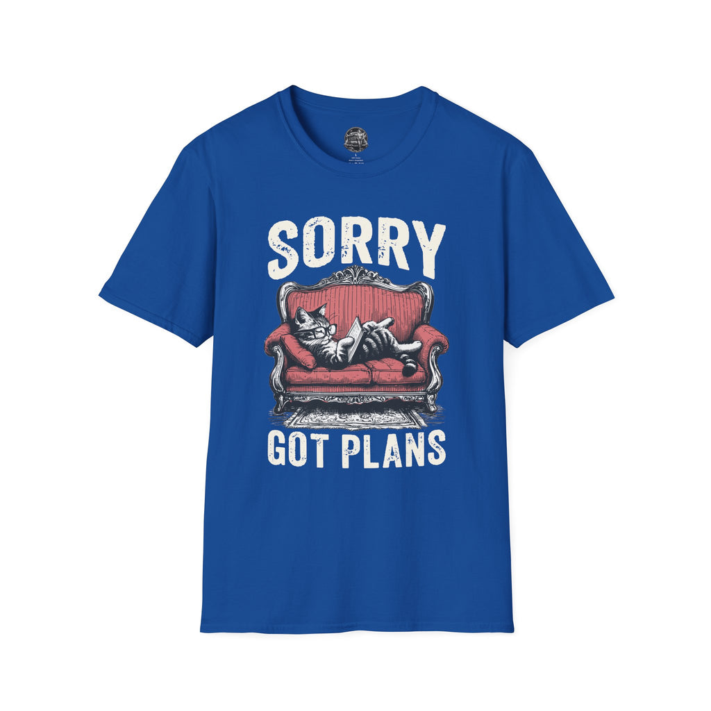 Sorry, Got Plans T‑Shirt — Cat on Couch Funny Lazy Day Tee