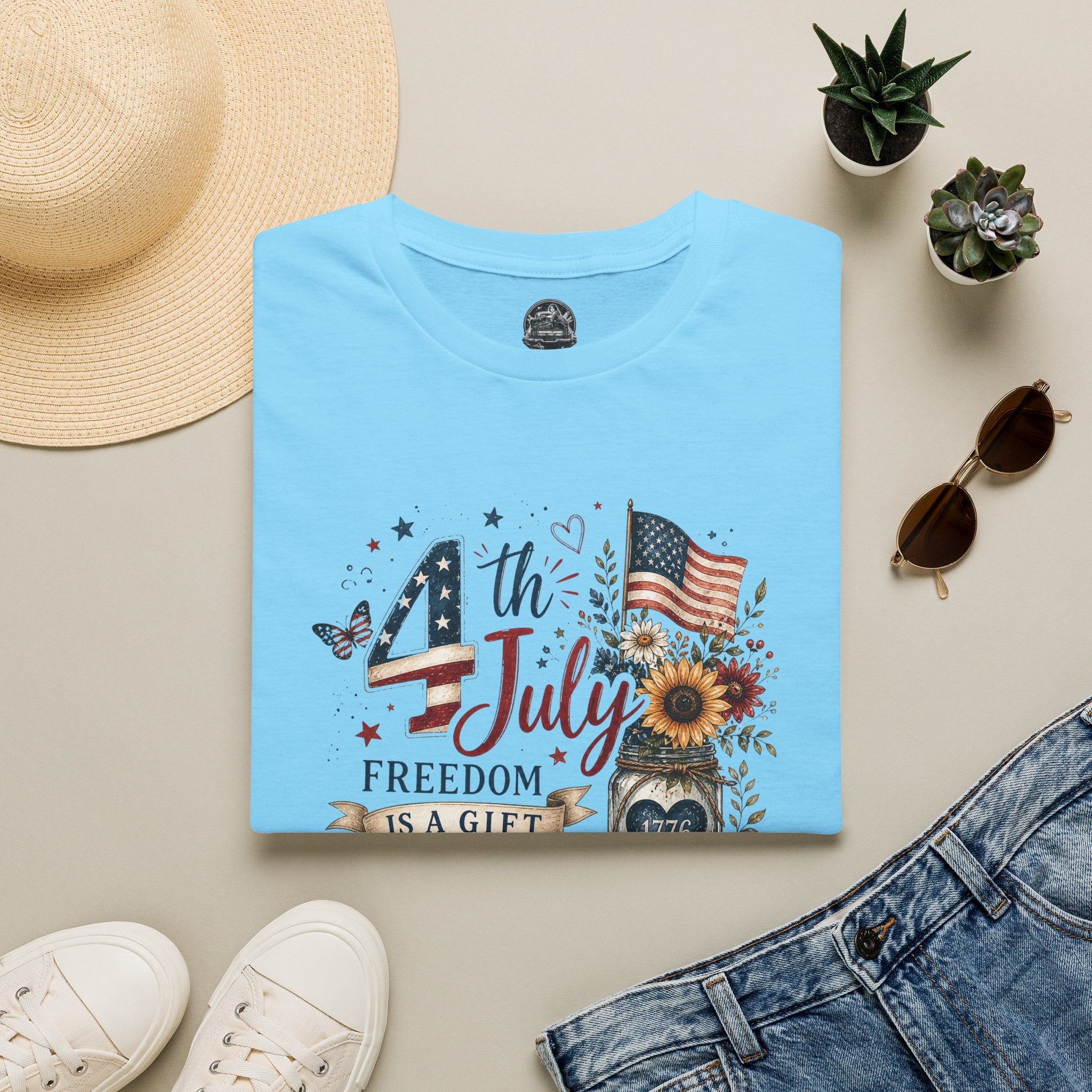 4th of July T-Shirt — "Freedom Is A Gift" Patriotic American Flag & Sunflower Tee