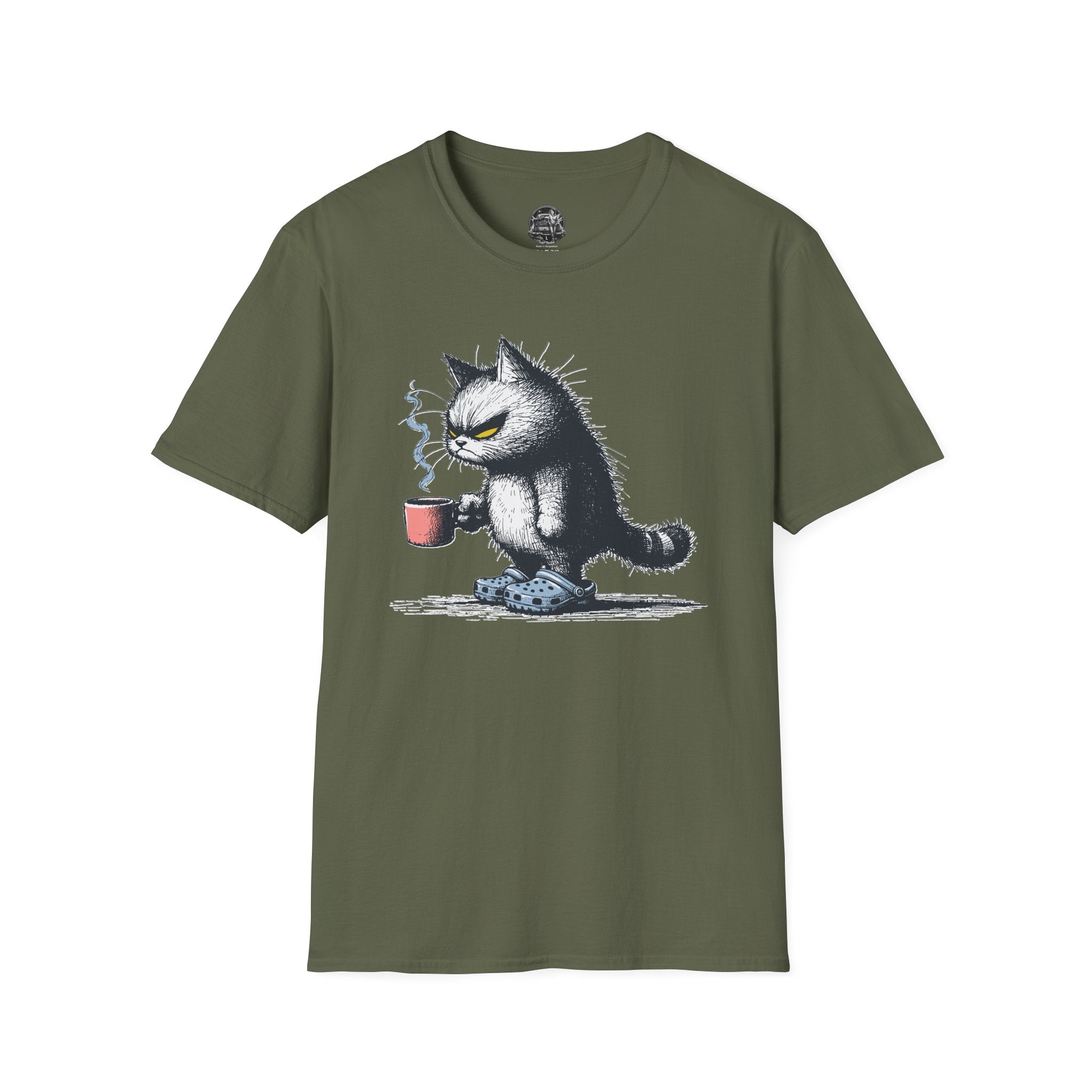 Cat Coffee T-Shirt — Grumpy Cat Holding Mug Illustration