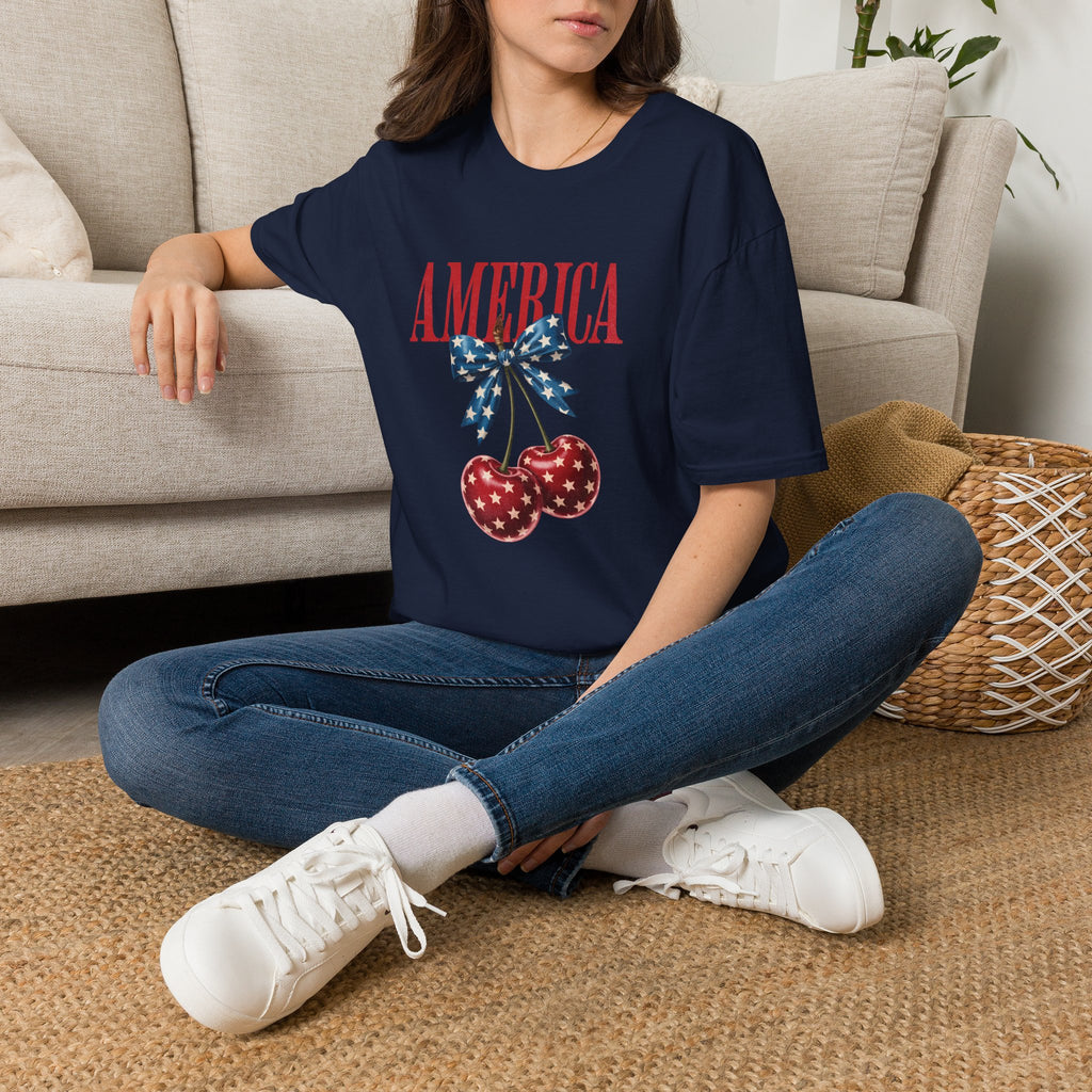 America Cherry Graphic T‑Shirt — Patriotic Stars & Stripes Bow Tee