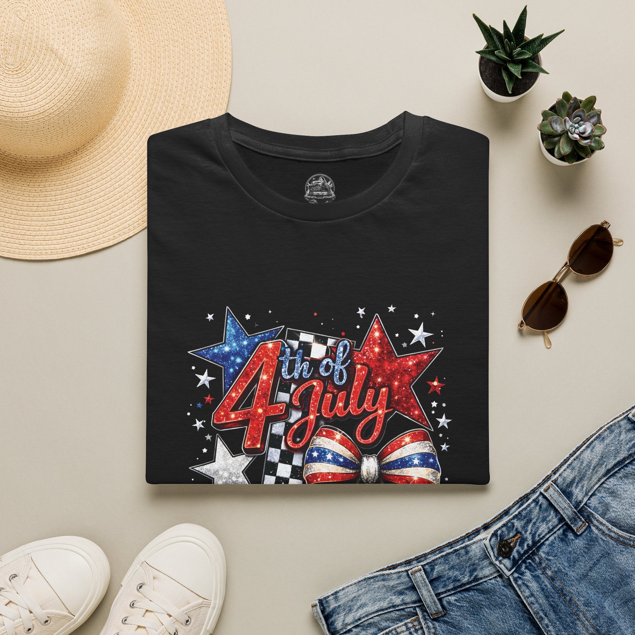 4th of July Patriotic T-Shirt – Red White Blue Stars & Bow Design